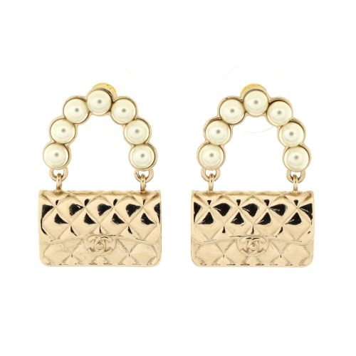 Flap Bag Stud Earrings Metal and Faux Pearls