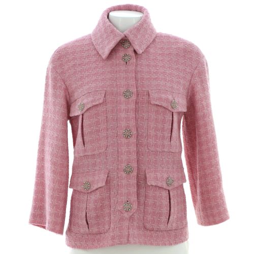 Women's Four Pocket Cropped Sleeve Collared Button Up Jacket Tweed