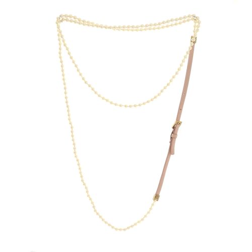 CC Belted Strand Necklace Faux Pearls with Leather and Metal Thin