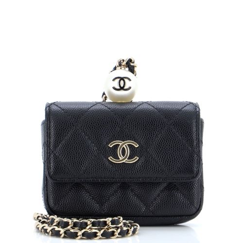 CC Pearl Coin Card Holder with Chain Quilted Caviar