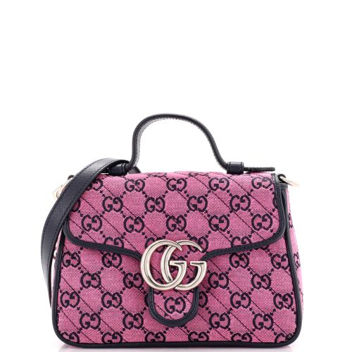 GG Marmont Top Handle Flap Bag Diagonal Quilted GG Canvas Mini