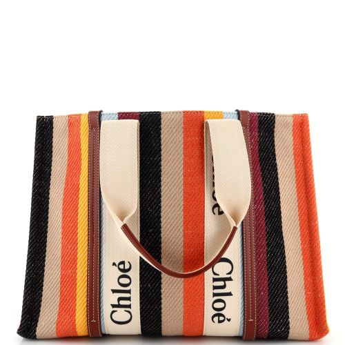 Woody Tote Striped Canvas with Leather Large