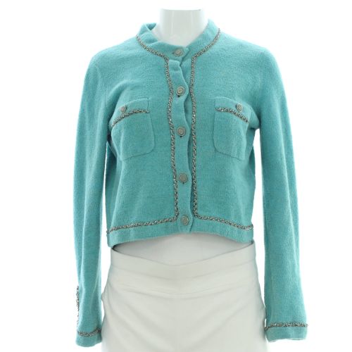 Women's Chain Trim Two Pocket Crewneck Cardigan Cotton and Polyamide