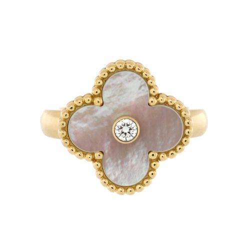 Vintage Alhambra Ring 18K Yellow Gold with Mother of Pearl and Diamond