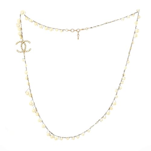 CC Single Strand Long Necklace Metal with Faux Pearls