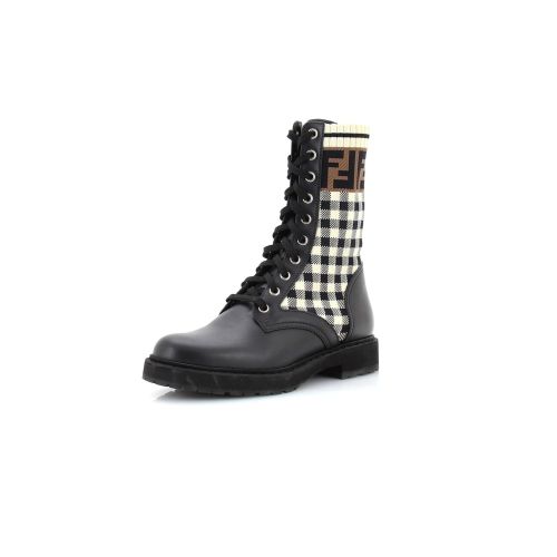 Women's Rockoko Combat Boots Leather with Printed Knit Stretch Fabric and Zucca Trim