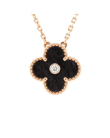 Vintage Alhambra Pendant Necklace 18K Rose Gold and Silver Obsidian with Diamond