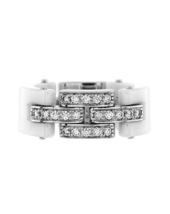 Maillon Panthere 3 Row Band Ring 18K White Gold and Ceramic with Half Diamonds