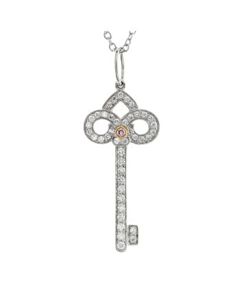 Fleur de Lis Key Pendant Necklace Platinum and 18K Rose Gold with Pink and White Diamonds Small