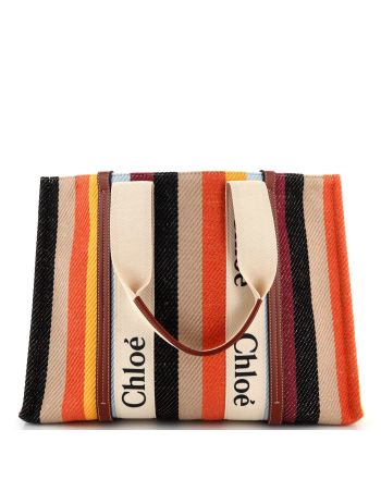 Woody Tote Striped Canvas with Leather Large