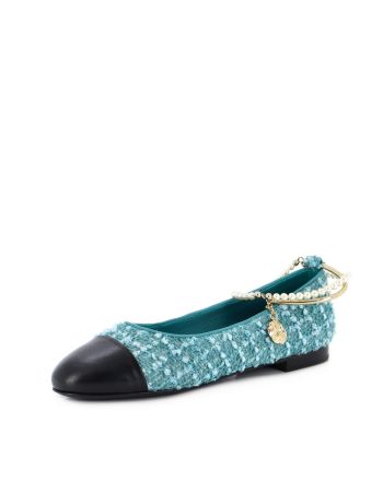 Women's Ballet Flats with Ankle Chain Tweed with Faux Pearls