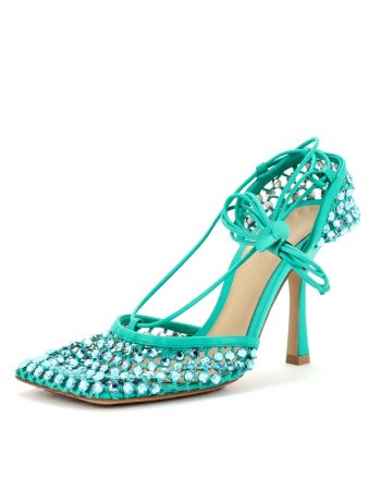 Women's Sparkle Stretch Heeled Sandals Crystal Embellished Mesh and Leather