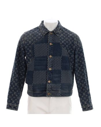 Men's Nigo Button Up Jacket Giant Damier Waves Monogram Denim